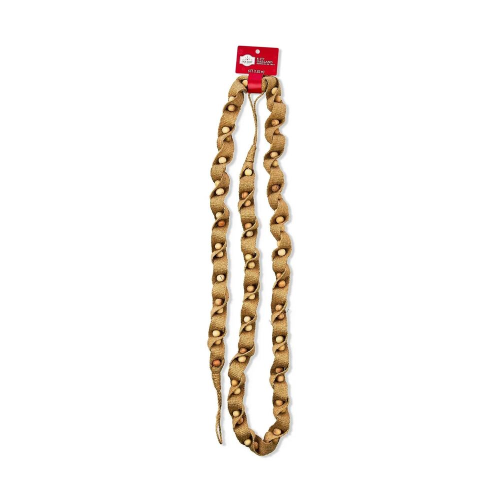 Holiday Time Farmhouse Natural Beige Jute and Wood Beads Garland - 6 feet